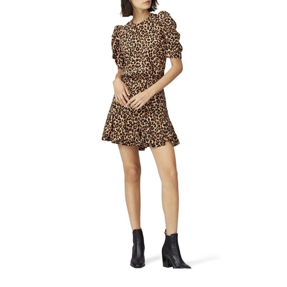 Veronica Beard Women's Lila Puff Sleeve mini‎ Dress Silk Leopard lined zip Sz 2